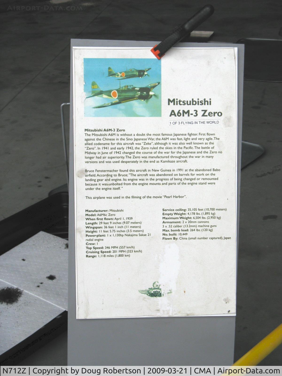N712Z, 1942 Mitsubishi A6M3 Reisen (Zero) C/N 3869, 1942 Mitsubishi A6M-3 ZERO-SEN 'Zeke' model 22, P&W R-1830 for original Nakajima NK1F Sakae 21 of 1,130 Hp, data