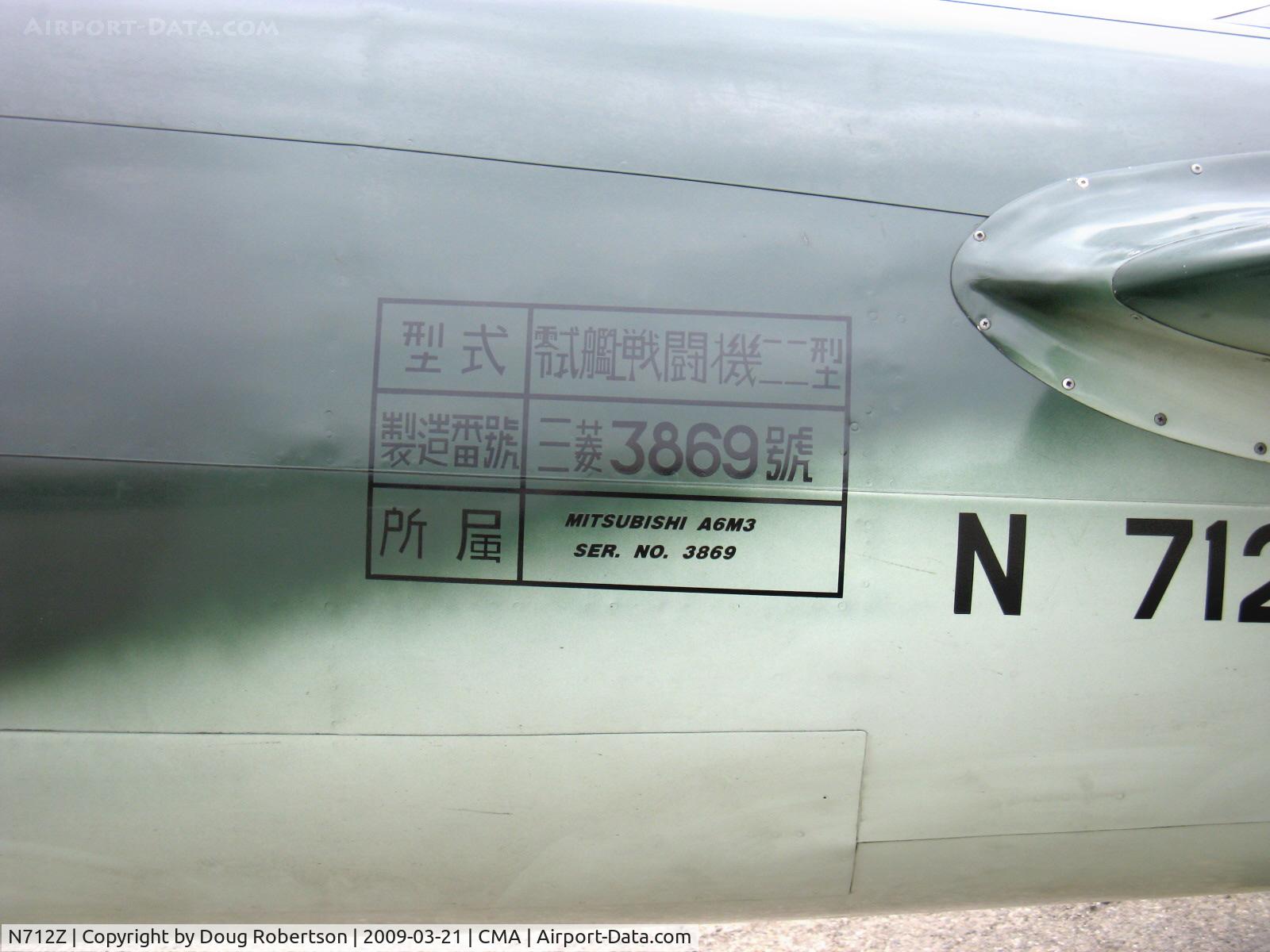 N712Z, 1942 Mitsubishi A6M3 Reisen (Zero) C/N 3869, 1942 Mitsubishi A6M3 ZERO-SEN 'Zeke' model 22, P&W R-1830 for original Nakajima NK1F Sakae 21 of 1,130 Hp, longer wing with folding tips, longest range of any Zero model, data