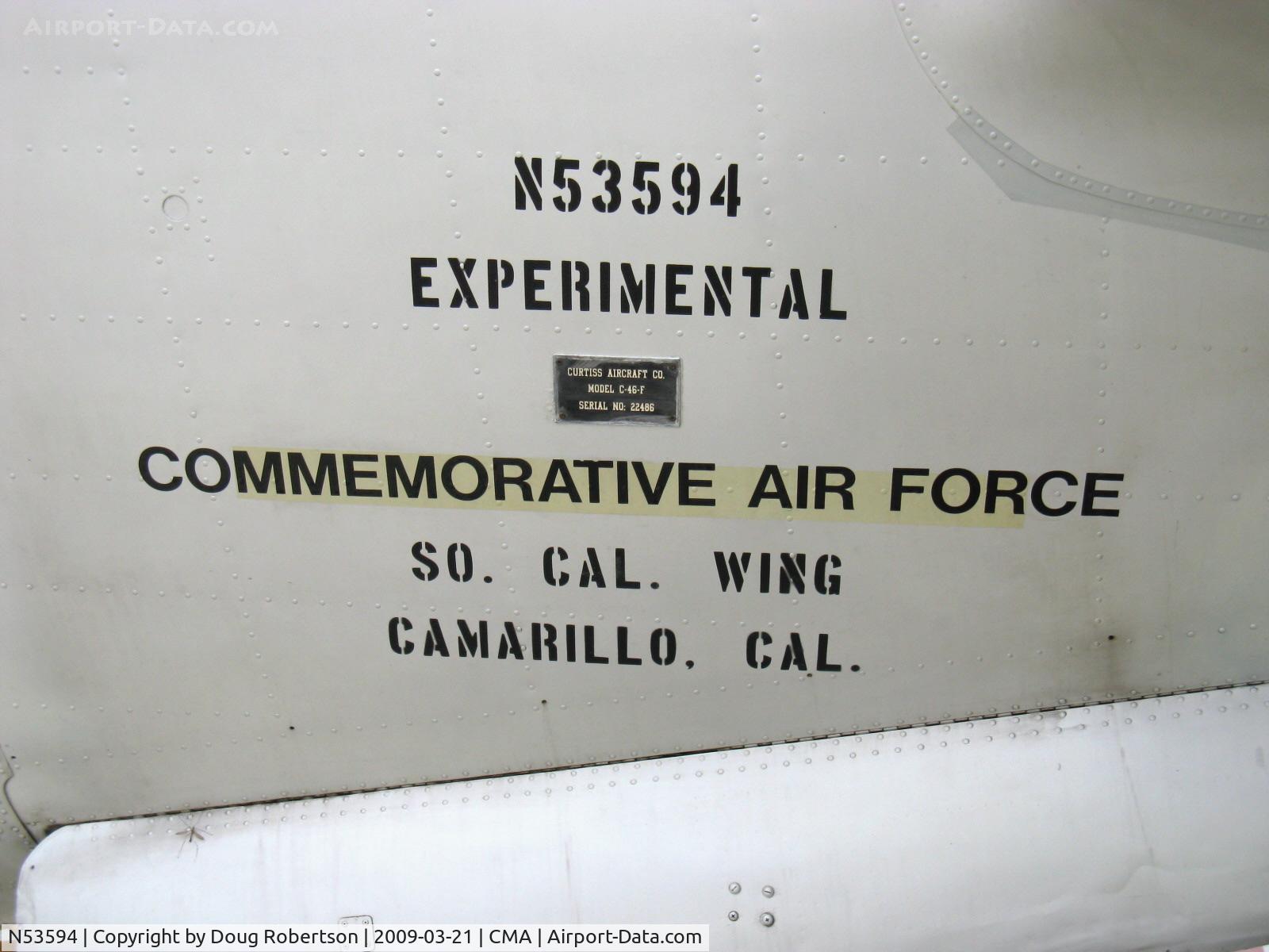 N53594, 1944 Curtiss C-46F Commando C/N 22486, 1944 Curtiss-Wright C-46F COMMANDO 'China Doll',ex 'Humpty Dumpty', two P&W R-2800 radials, 2,000 Hp each, data