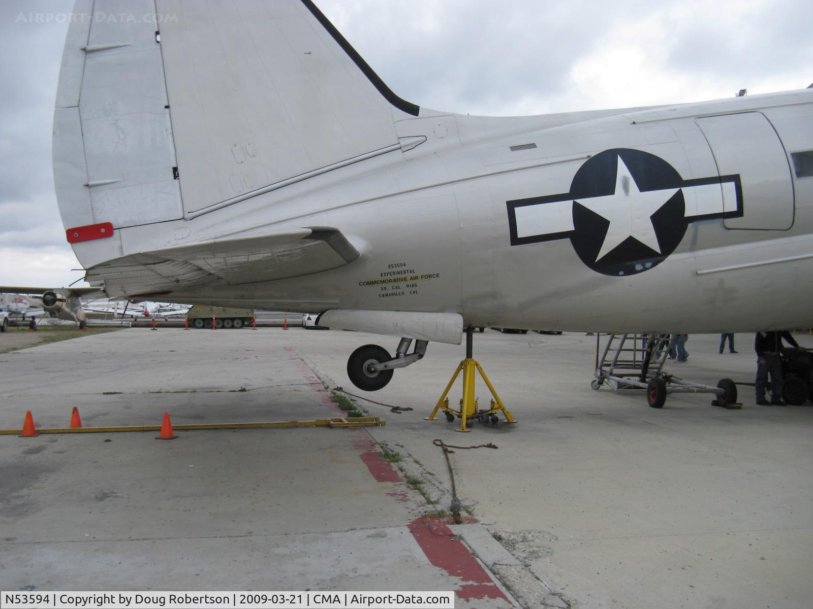 N53594, 1944 Curtiss C-46F Commando C/N 22486, 1944 Curtiss-Wright C-46F COMMANDO 'China Doll', ex 'Humpty Dumpty', two P&W R-2800 radials, 2,000 Hp each, jacked up for retractible tail wheel cycle testing