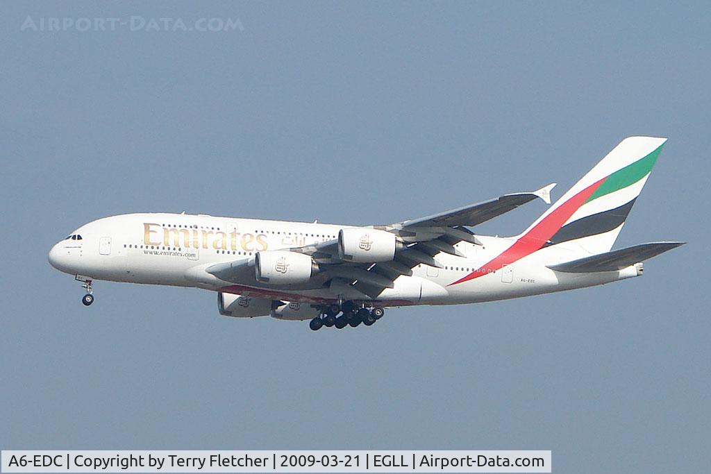 A6-EDC, 2008 Airbus A380-861 C/N 016, Emirates A380 on approach to Heathrow