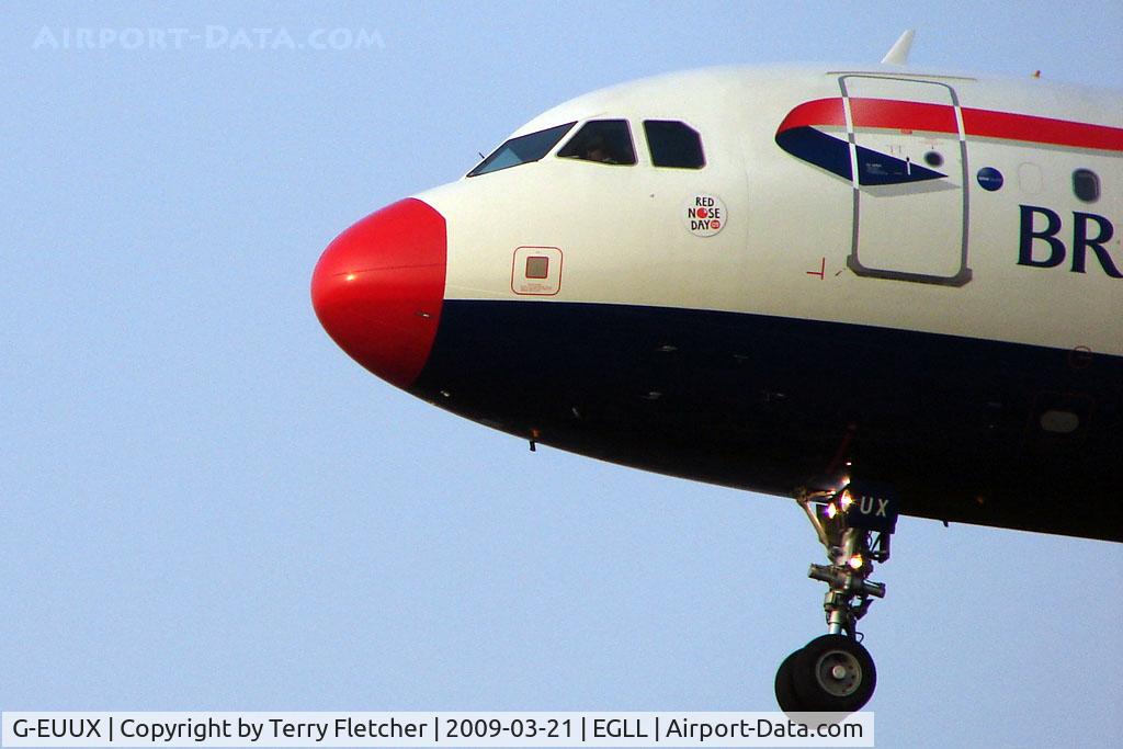 G-EUUX, 2008 Airbus A320-232 C/N 3550, Red Nose Day is a charity fund raising day in the UK - here BA join in the spirit of the occasion - by 'dressing' one of their A320s in the appropriate manner