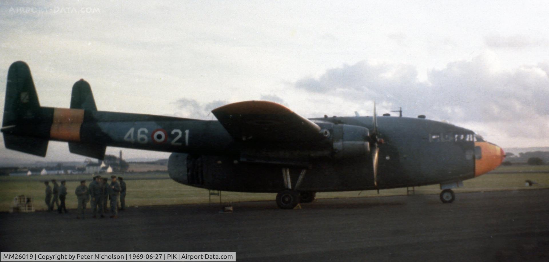 MM26019, 1952 Fairchild C-119G Flying Boxcar C/N 10949, C-119G (ex 52-6019) of 46 Gruppo Italian Air Force in the static park of the 1969 Prestwick Airshow.