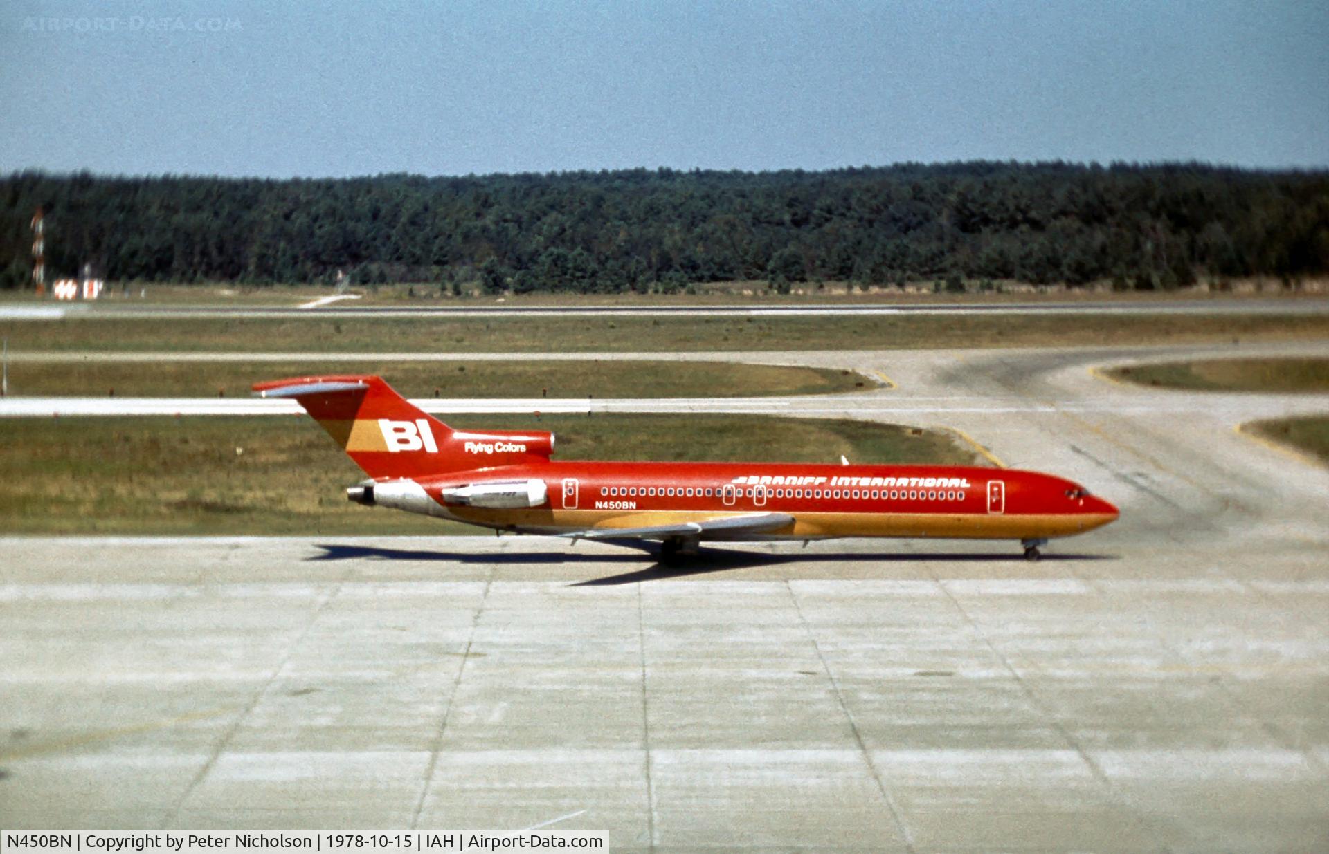 N450BN, 1977 Boeing 727-227 C/N 21364, Another colourful Braniff flight departing Houston International.