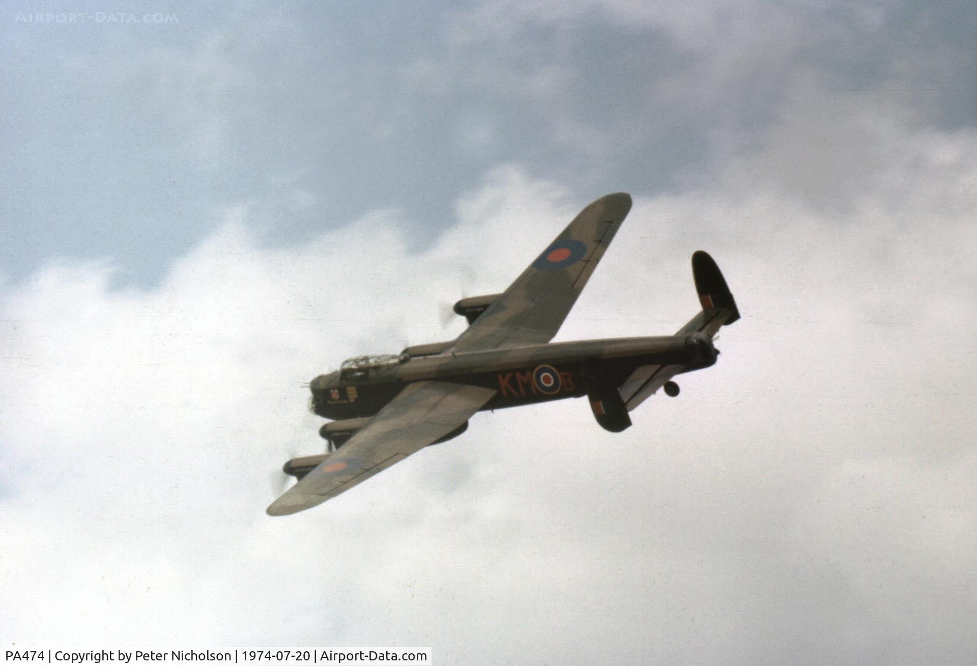 PA474, 1945 Avro 683 Lancaster B1 C/N VACH0052/D2973, The Battle of Britain Memorial Flight Lancaster at the 1974 Leconfield Airshow and clearly showing the mid-upper gunner's turret had not then been fitted.