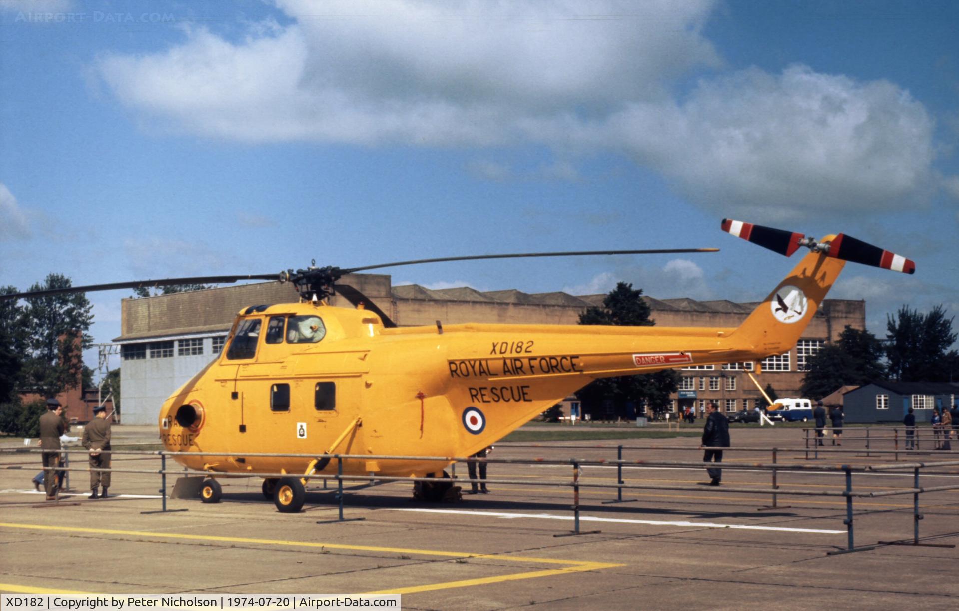 XD182, 1954 Westland Whirlwind HAR.10 C/N WA25, Whirlwind HAR.10 air-sea rescue helicopter of 202 Squadron in the static park at the 1974 Leconfield Airshow.