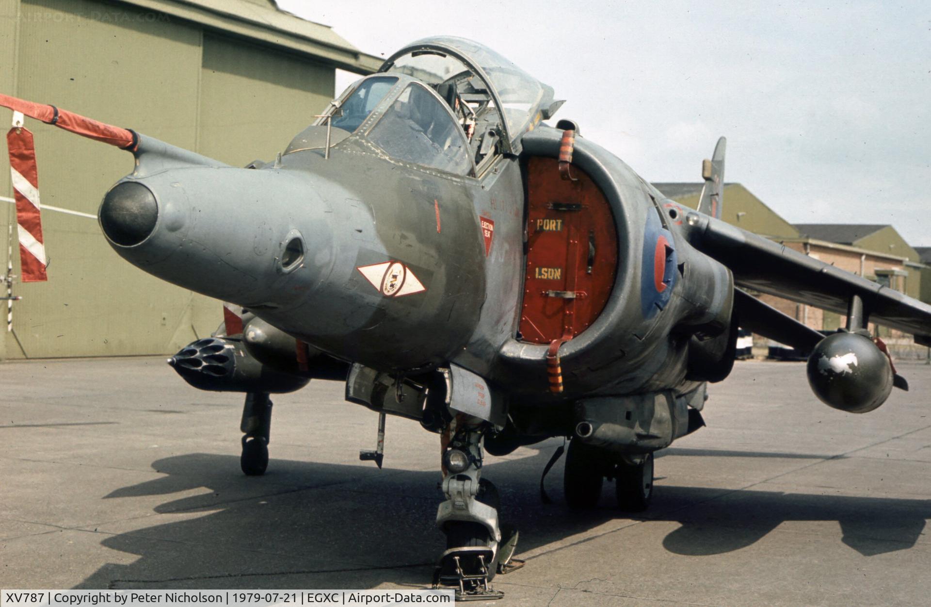 XV787, 1970 Hawker Siddeley Harrier GR.3 C/N 712037, Harrier GR.3 of 1 Squadron in the static display at the 1979 RAF Coningsby Open Day.