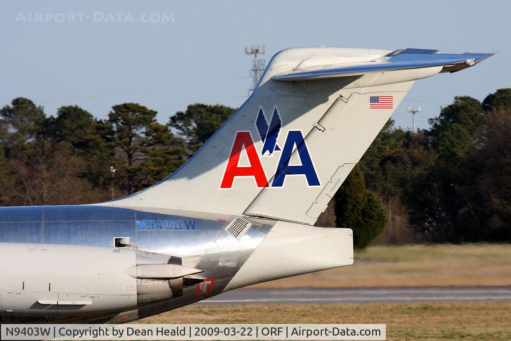 N9403W, 1992 McDonnell Douglas MD-83 (DC-9-83) C/N 53139, Tail shot of American Airlines N9403W while taxiing to RWY23 for departure to Dallas/Fort Worth Int'l (KDFW) as Flight AAL1051.