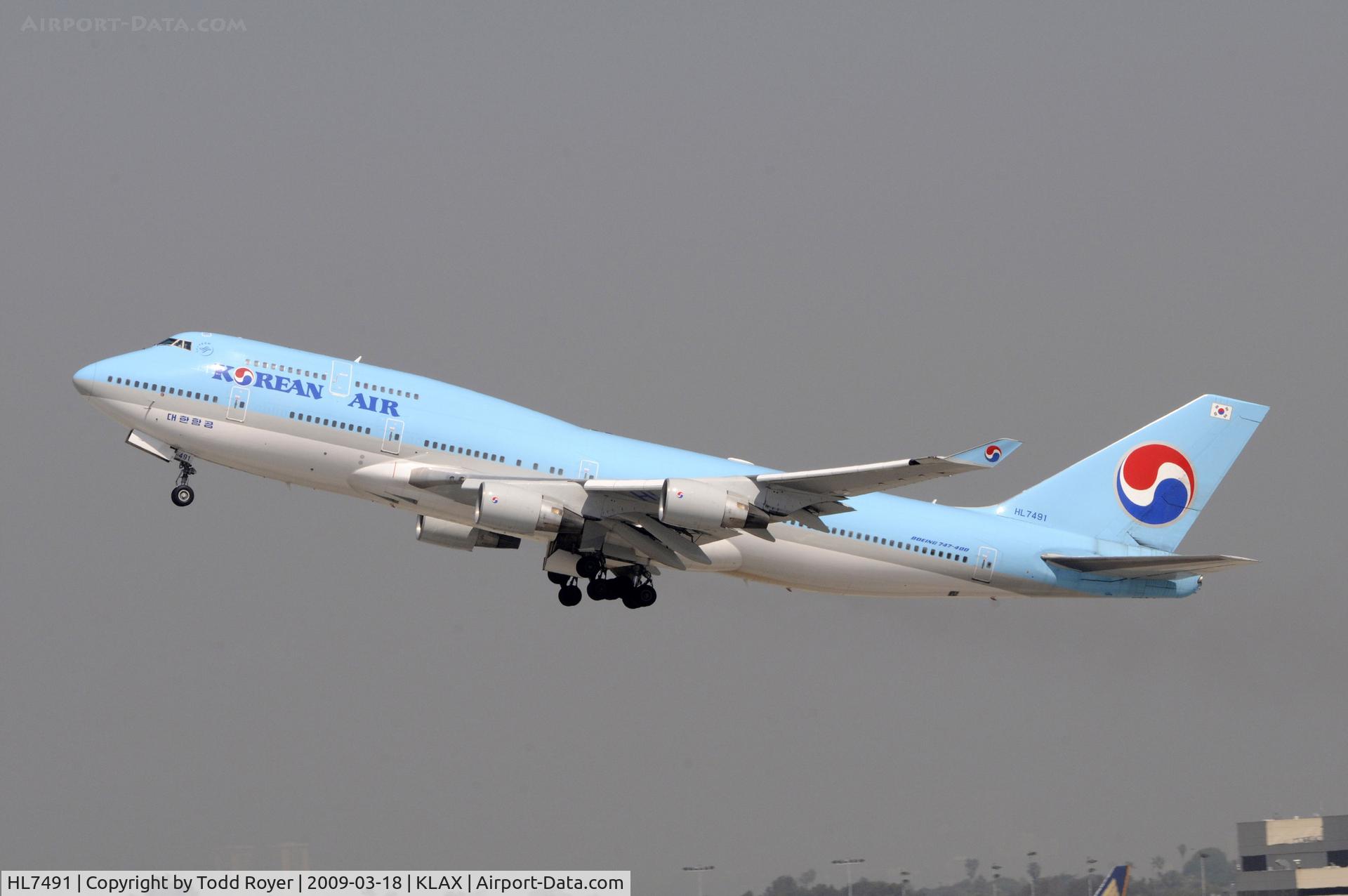 HL7491, Boeing 747-4B5 C/N 27341, Departing LAX on 25R
