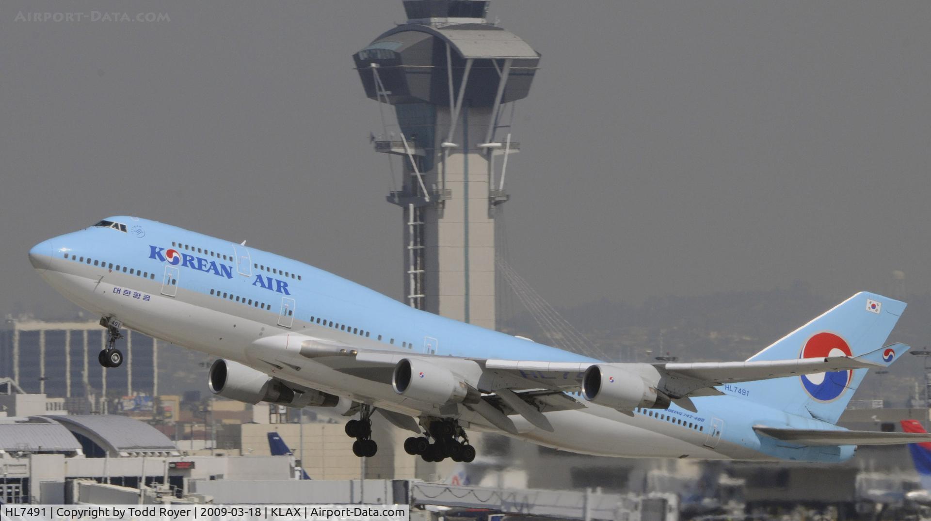 HL7491, Boeing 747-4B5 C/N 27341, Departing LAX on 25R