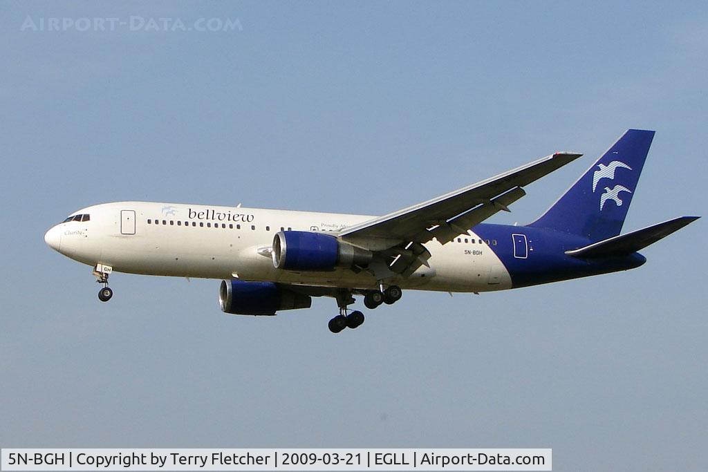 5N-BGH, 1987 Boeing 767-241/ER C/N 23806, Nigerian airline Bellview with their B767 at Heathrow