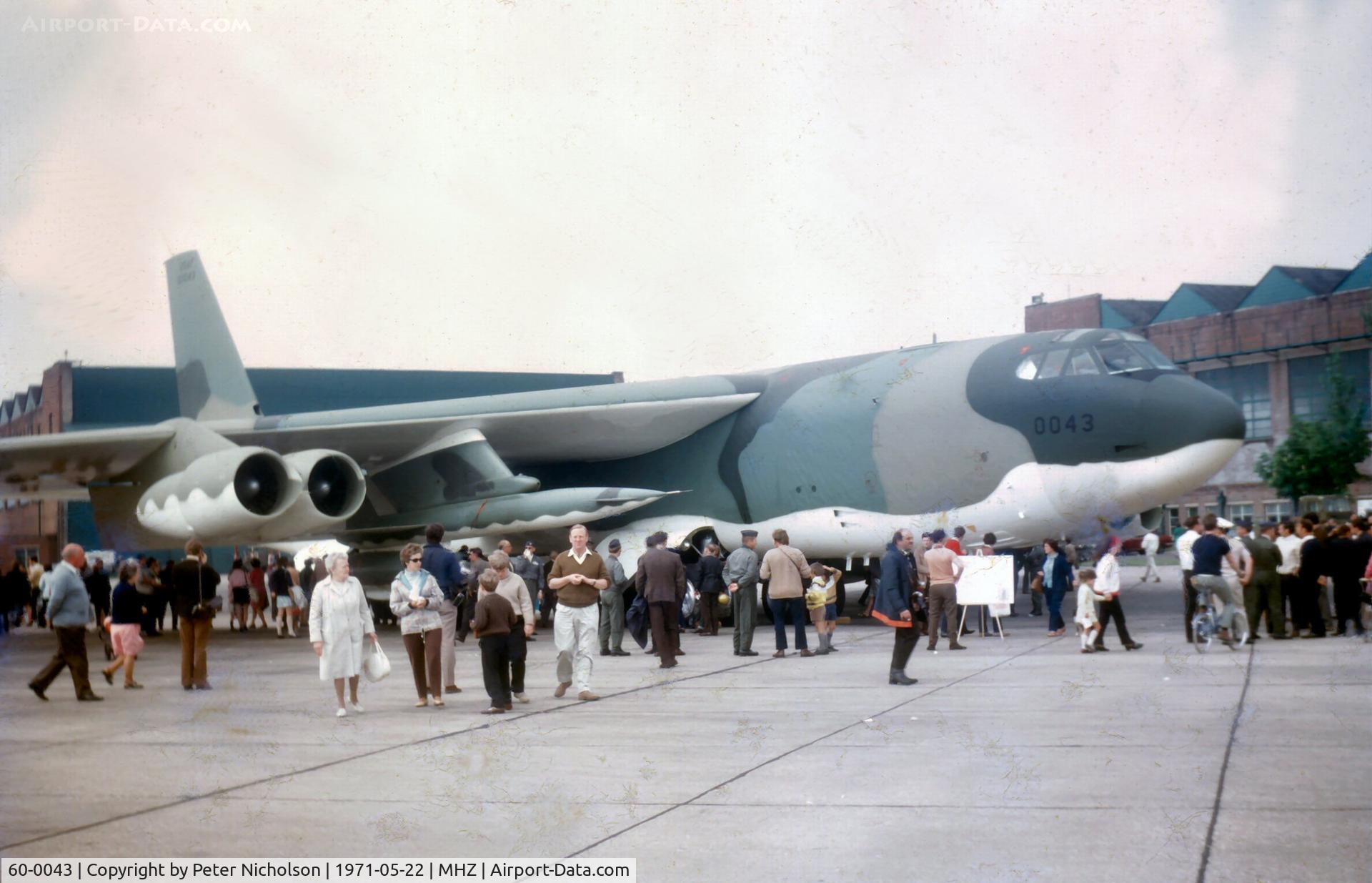 60-0043, 1960 Boeing B-52H Stratofortress C/N 464408, B-52H Stratofortress of 17 Bombardment Wing on display at the 1971 Mildenhall Airshow - complete with two AGM-28 Hound Dog air-to-surface missiles. (my only sighting of these!!)