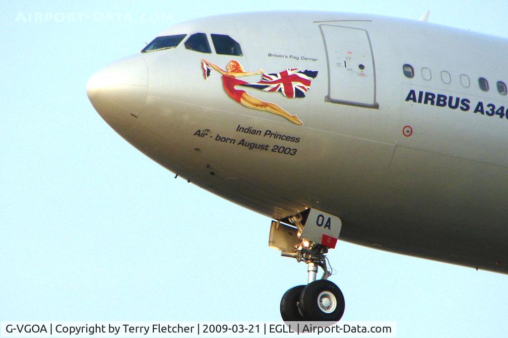 G-VGOA, 2001 Airbus A340-642 C/N 371, Virgin A340 about to land at Heathrow