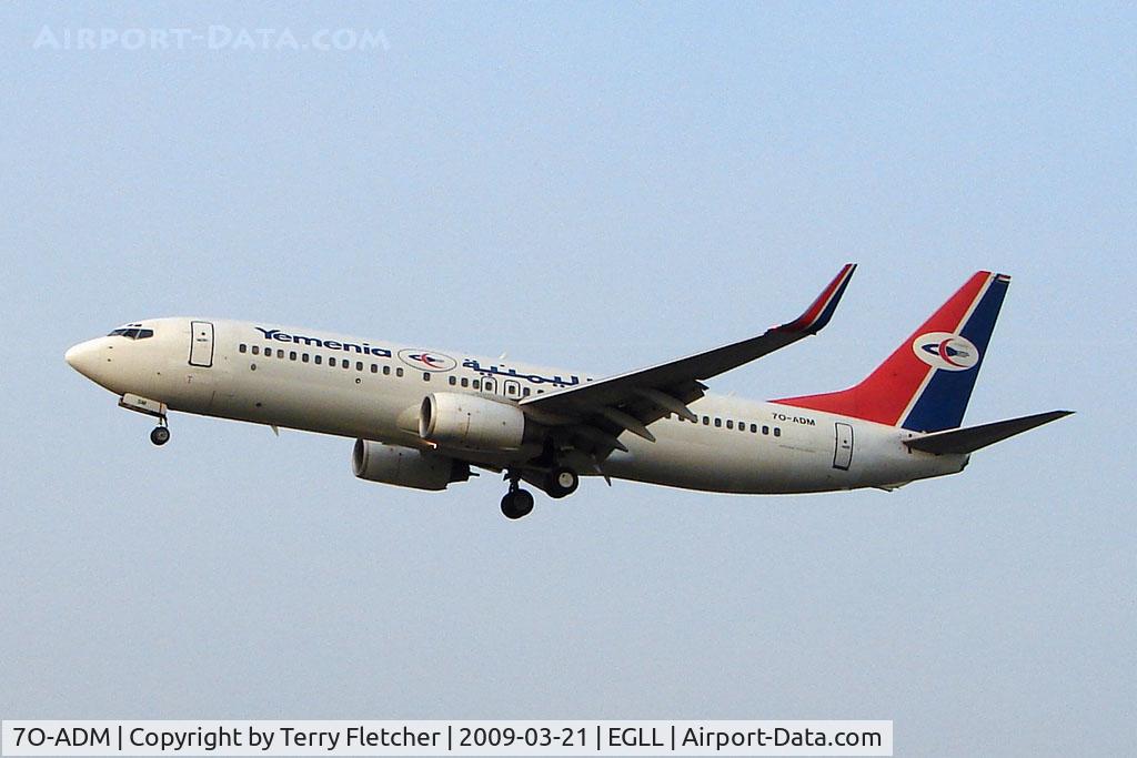 7O-ADM, 2002 Boeing 737-8Q8 C/N 28252, B737 of the national carrier of Yemen at Heathrow