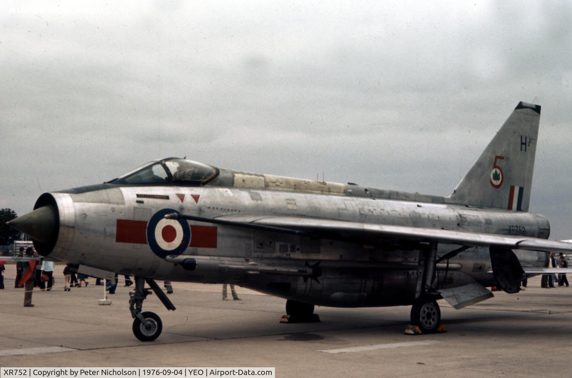XR752, 1965 English Electric Lightning F.6 C/N 95217, Lightning F.6 of 5 Squadron in the static park at the 1976 Yeovilton Air Day.