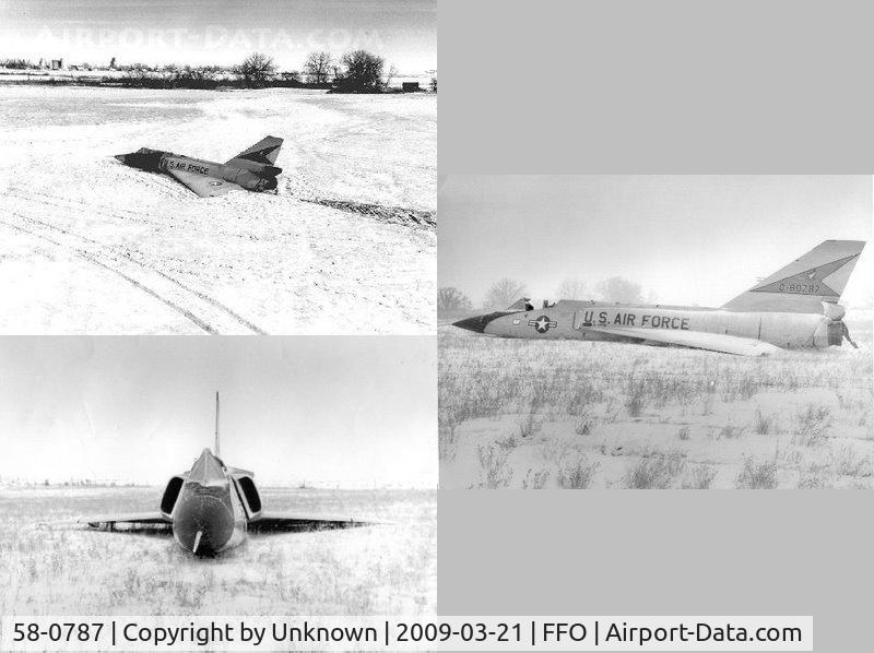 58-0787, 1958 Convair F-106A Delta Dart, c/n 8-24-118, This Convair F-106A, dubbed the "Cornfield Bomber" was involved in an incident in 1970.  It got into a flat spin, the pilot ejected, the plane came out of the spin and in perfect trim it belly landed in the snow with little damage.  It was returned to ser