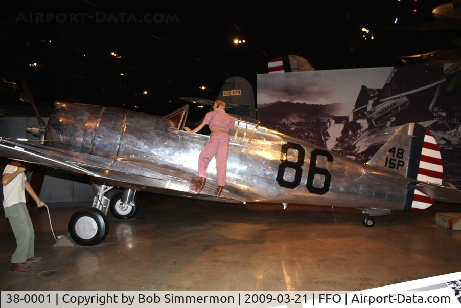38-0001, 1938 Curtiss P-36 Hawk C/N 12415, 1938 Curtiss P-36 (C/N 12415) painted as P-36A (38-86) as flown by Lt. Philip Rasmussen in Hawaii during the Dec. 7, 1941 attack.  On display at USAF Museum in Dayton, Ohio.