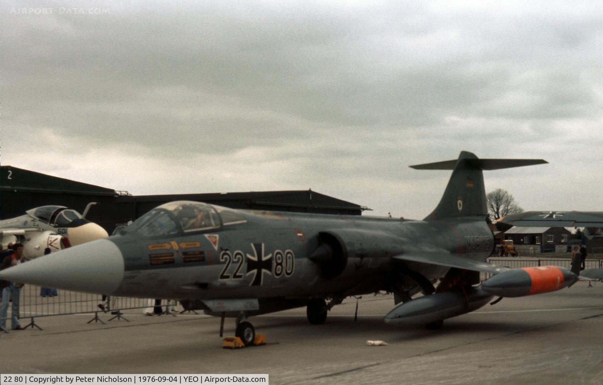22 80, Lockheed F-104G Starfighter C/N 683-7162, Marineflieger F-104G 22+80 of MFG-2 in the static park of the 1976 Yeovilton Air Day.