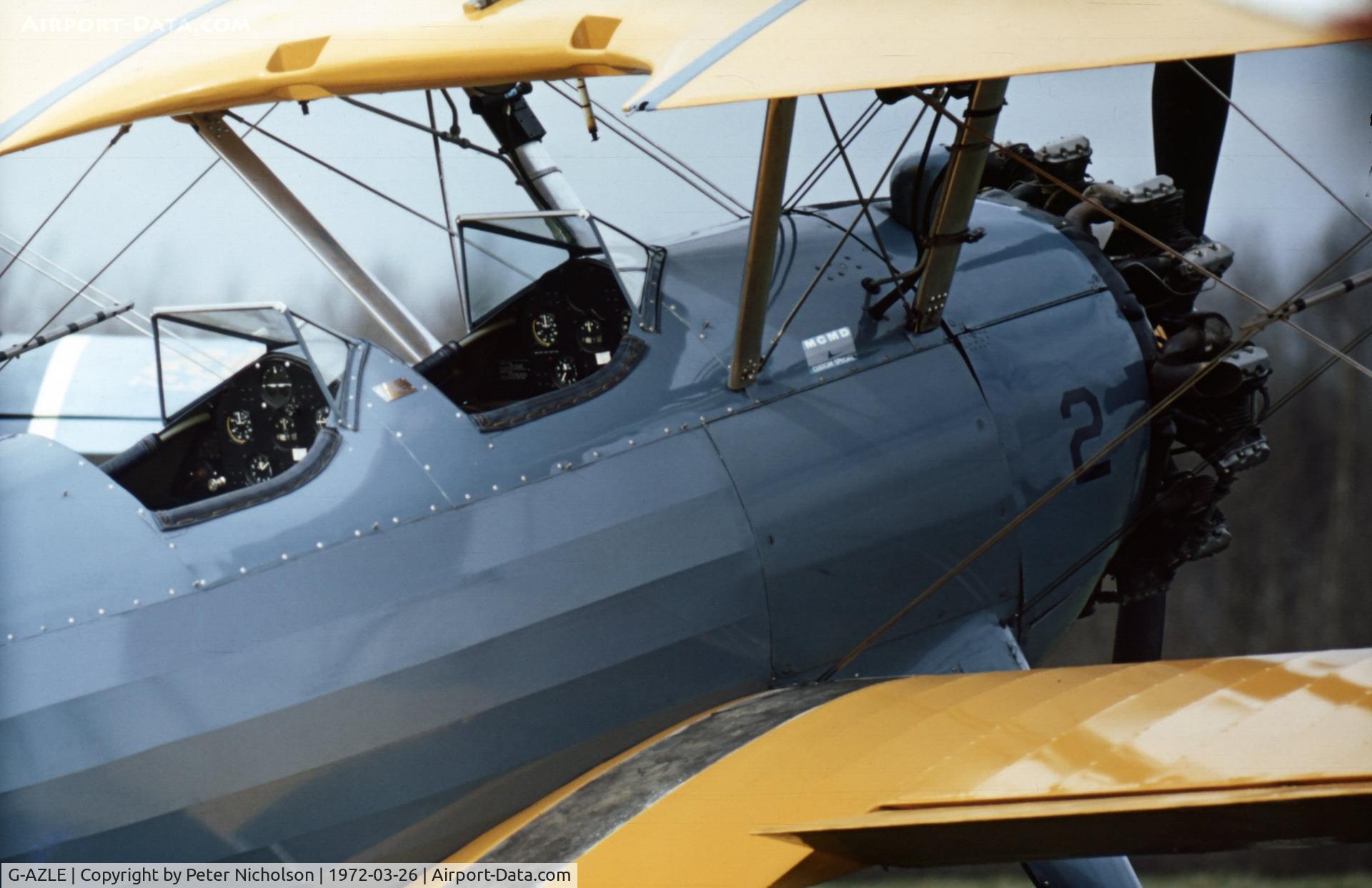 G-AZLE, 1940 Boeing E-75 C/N 75-8543, Cockpit area of this Kaydet as seen at Old Warden in the Spring of 1972.