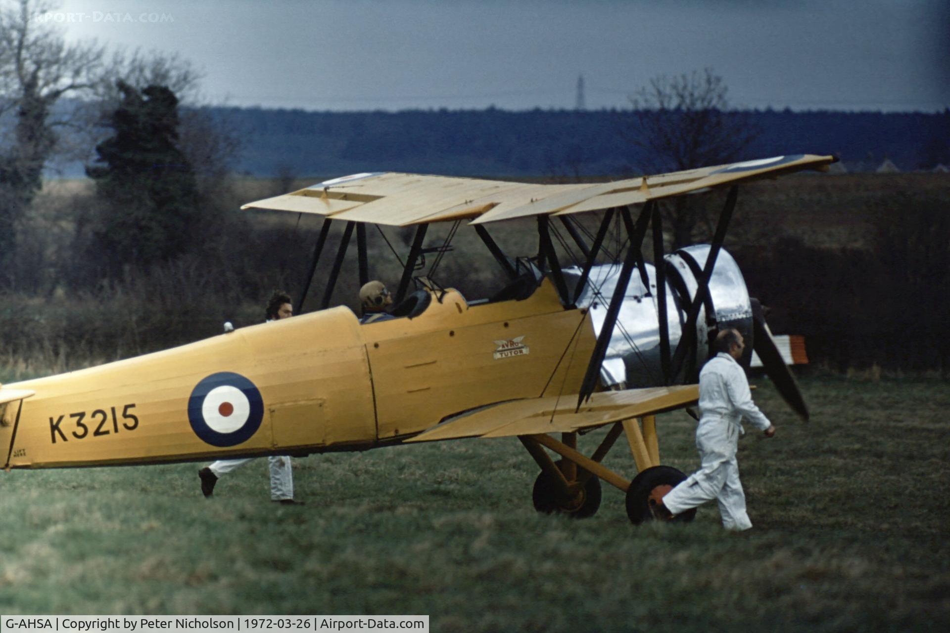 G-AHSA, 1933 Avro 621 Tutor C/N K3215, Avro Tutor as K3215 preparing for take-off at Old Warden in the Spring of 1972.