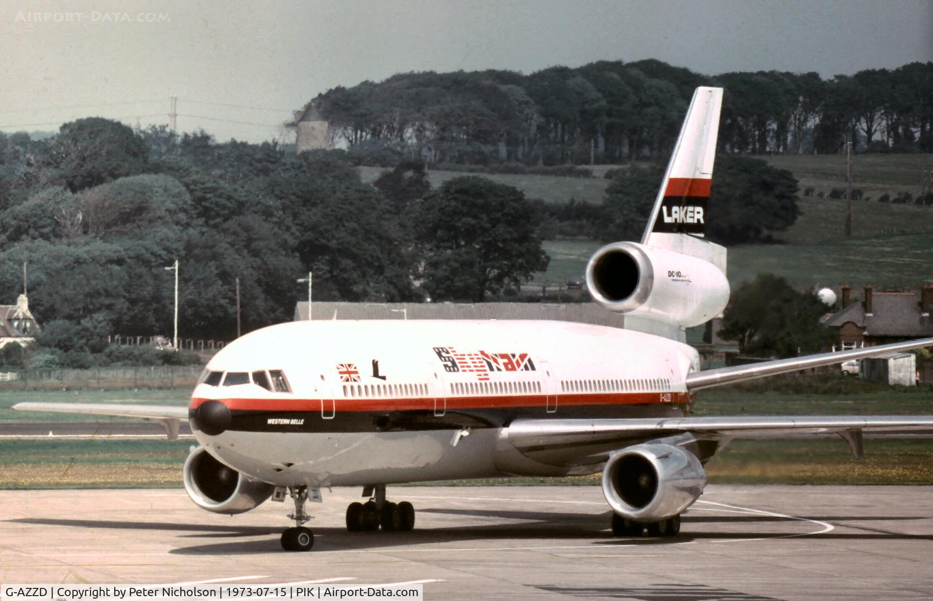 G-AZZD, 1972 Douglas DC-10-10 C/N 46906, DC-10-10 named Western Belle of Laker Airways seen at Prestwick Airport in the Summer of 1973.