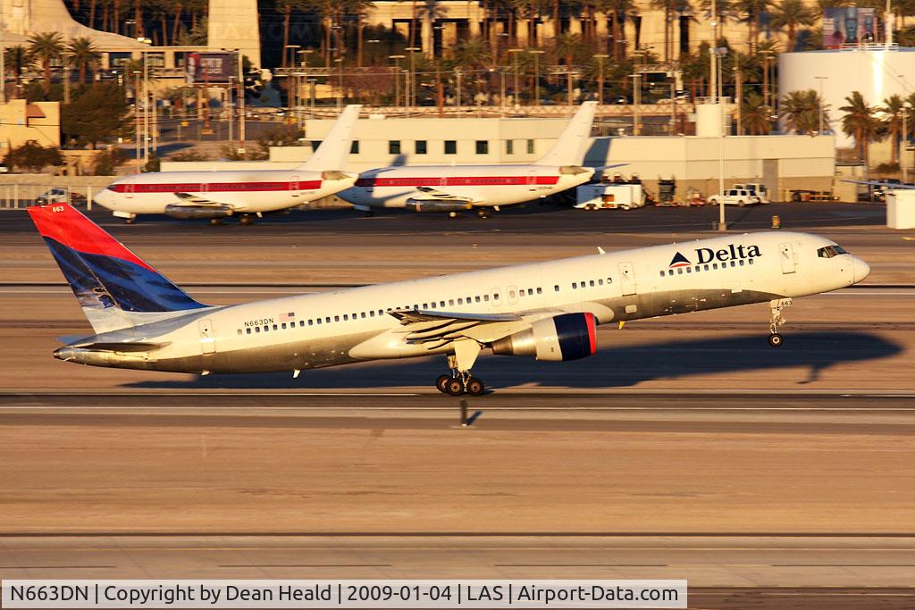 N663DN, 1991 Boeing 757-232 C/N 24992, Delta Air Lines N663DN (FLT DAL128) departing RWY 1R enroute to Hartsfield-Jackson Atlanta Int'l (KATL) early in the morning. Roll out December 19, 1990, first flight January 24, 1991, delivered to Delta Air Lines on February 7, 1991.
