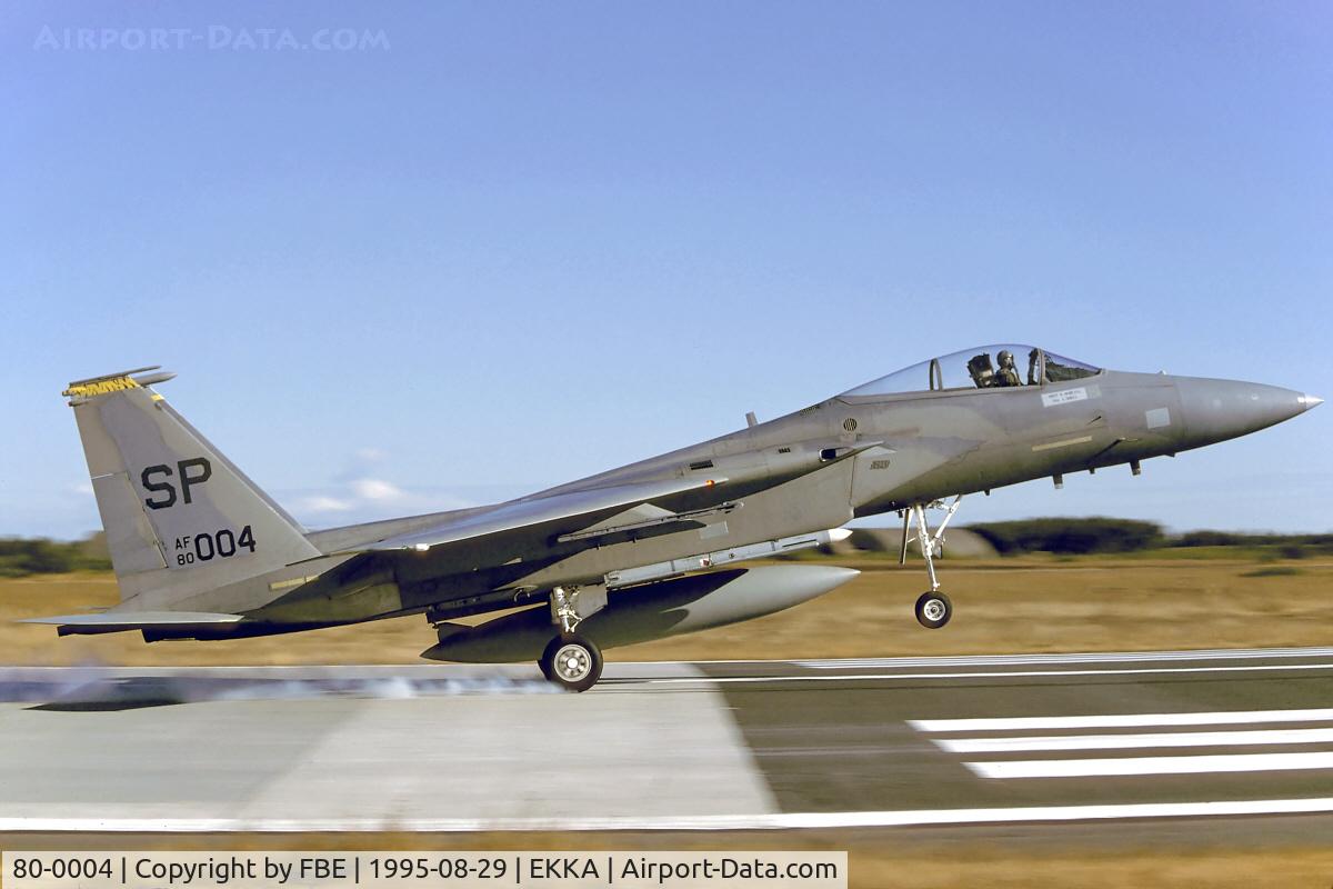 80-0004, 1980 McDonnell Douglas F-15C Eagle C/N 0638/C153, Spangdahlem F-15C touchdown at Karup AB Denmark (Kodachrome slide scan)