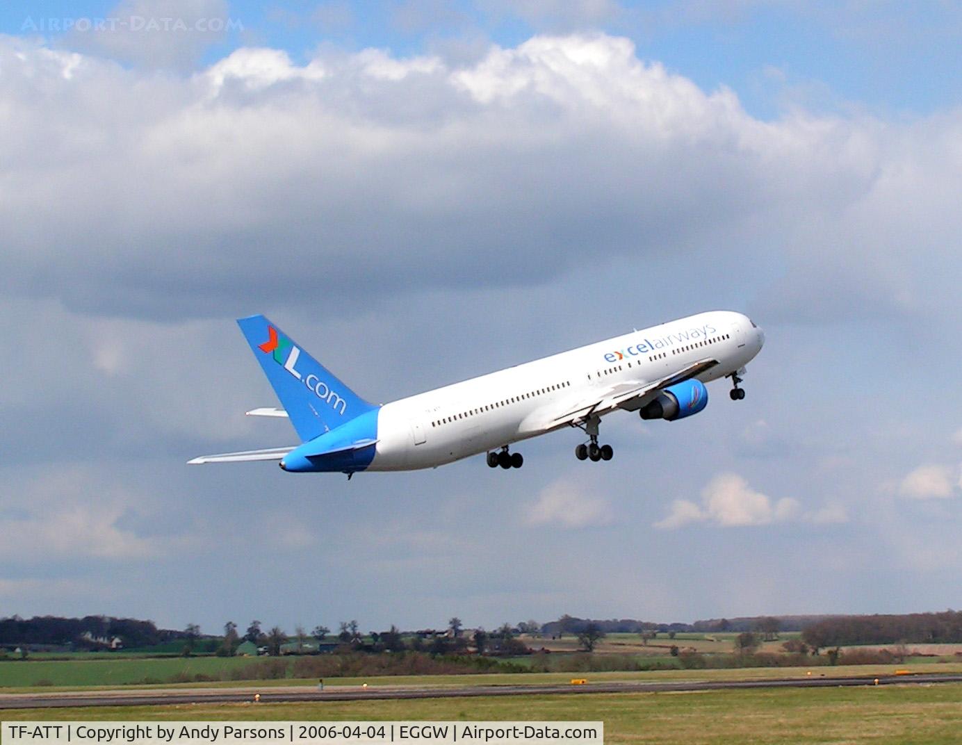 TF-ATT, 1989 Boeing 767-383/ER C/N 24358, Departing Luton