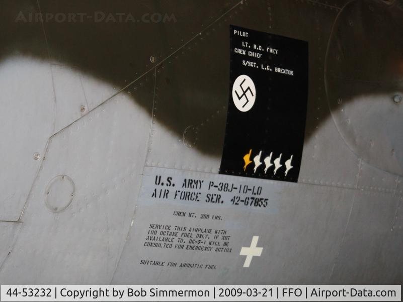 44-53232, 1944 Lockheed P-38L-5-LO Lightning C/N 422-8487, Painted up as a P-38J and also formerly registered N66678, at the USAF Museum in Dayton, Ohio