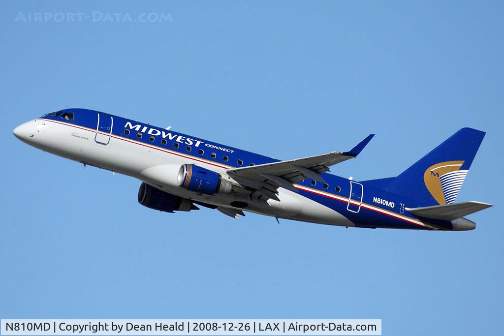 N810MD, 2004 Embraer 170SU (ERJ-170-100SU) C/N 17000026, Midwest Connect (Republic Airlines) N810MD (FLT RPA2350) climbing out from RWY 25R enroute to Kansas City Int'l (KMCI). Midwest Express has put several of it's 717's into storage at Victorville (KVCV) and has contracted Republic to fly it's route to KMCI.