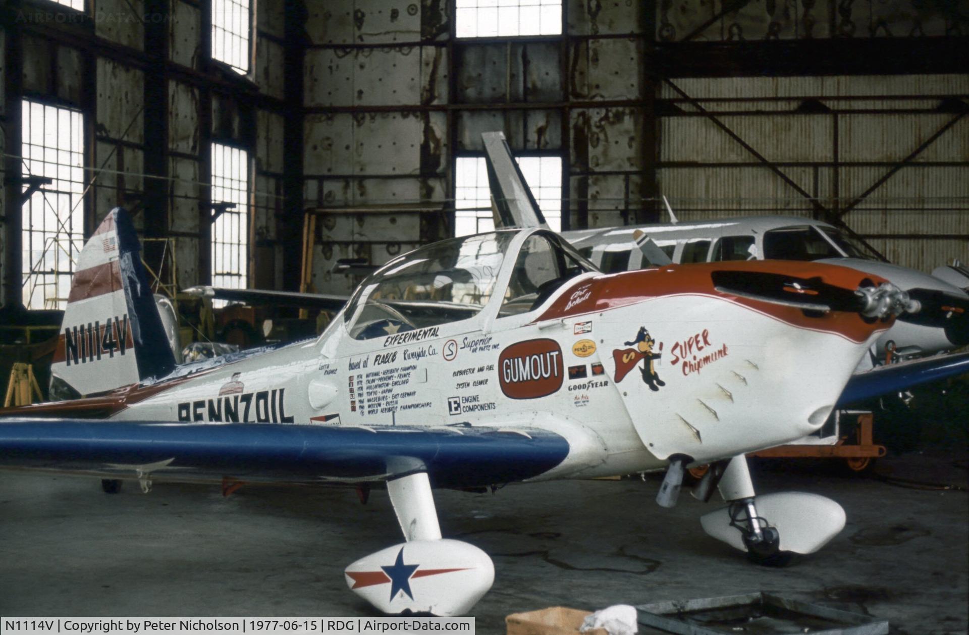 N1114V, 1950 De Havilland Canada DHC-1 Super Chipmunk C/N 116-154, Art Scholl's Super Chipmunk hangered during the 1977 Reading Airshow.