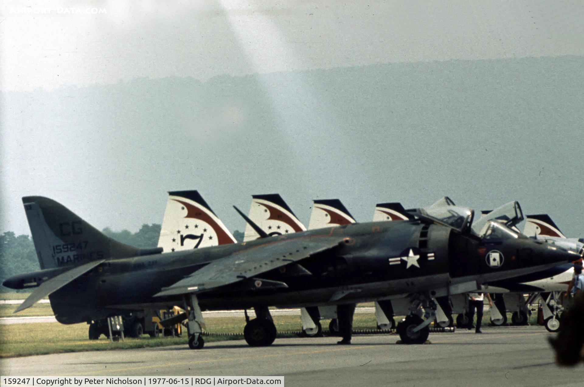 159247, Hawker Siddeley AV-8A Harrier C/N 712156, VMA-231 displayed this Harrier, coded CG/13, at the 1977 Reading Airshow.