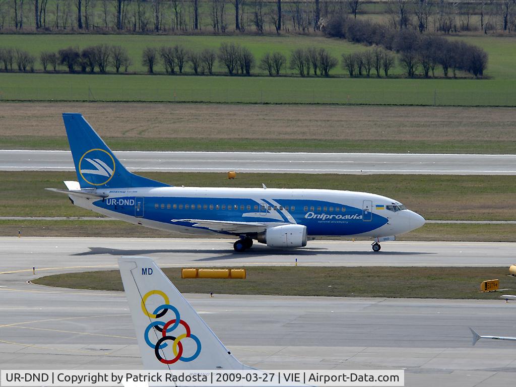 UR-DND, 1997 Boeing 737-5L9 C/N 28722, Normaly Dniproavia approches VIE with Embraer Jets - this 737-500 is a special guest