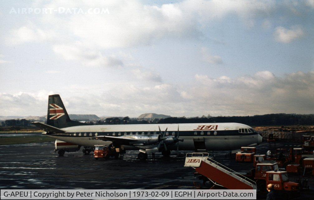 G-APEU, 1962 Vickers Vanguard 953 C/N 723, Vanguard of British European Airways at the old terminal of Edinburgh Airport in 1973.
