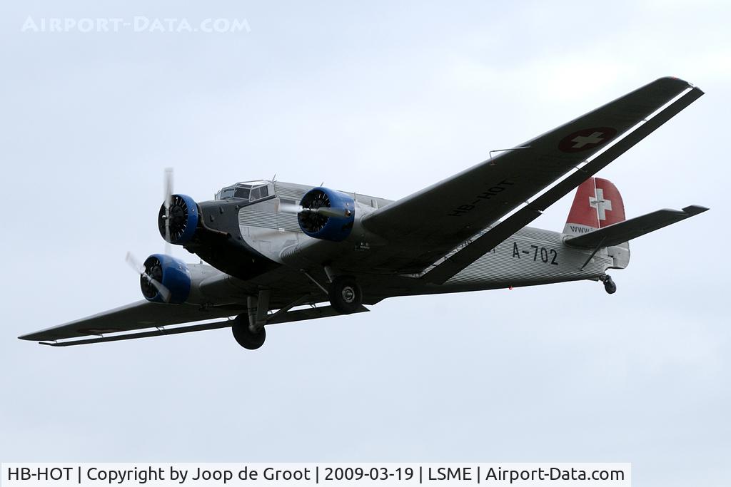 HB-HOT, 1939 Junkers Ju-52/3m g4e C/N 6595, After the Ju-52 was wfu with the air force in 1980 Ju-Air started operating these three Ju-52s. Former A-702 is still in its original military colour scheme.