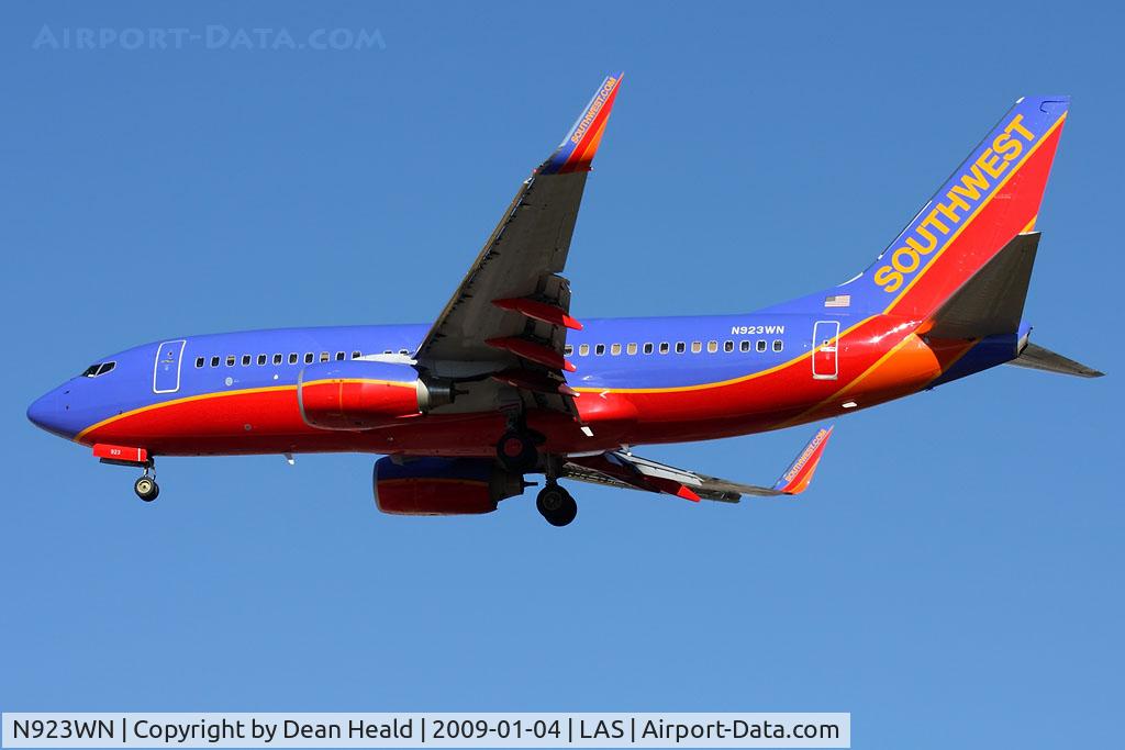 N923WN, 2008 Boeing 737-7H4 C/N 36627, Southwest Airlines N923WN (FLT SWA2184) from Kansas City Int'l (KMCI) on short-final to RWY 25R.