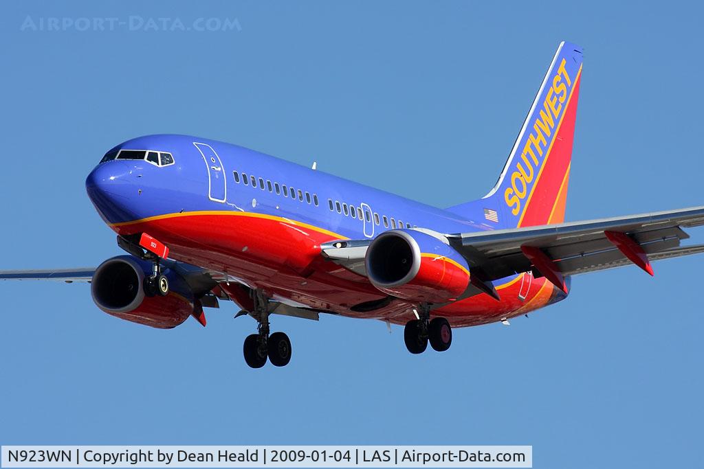 N923WN, 2008 Boeing 737-7H4 C/N 36627, Southwest Airlines N923WN (FLT SWA2184) from Kansas City Int'l (KMCI) on short-final to RWY 25R.