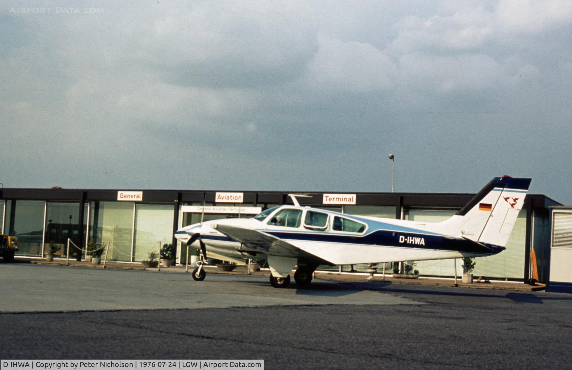 D-IHWA, 1974 Beech E-55 Baron Baron C/N TE-925, This Baron seen at London Gatwick in the Summer of 1976 was displayed at the 1974 Hannover Air Show.