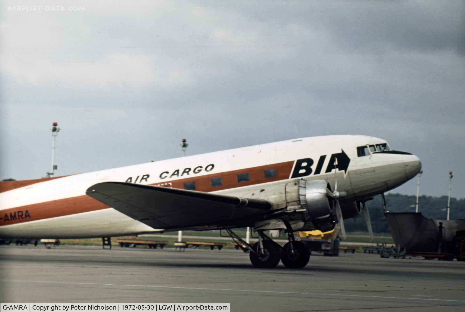 G-AMRA, 1944 Douglas DC-3C (C-47B-15-DK) C/N 15290, C-47B G-AMRA of British Island Airways seen at London Gatwick in May 1972.