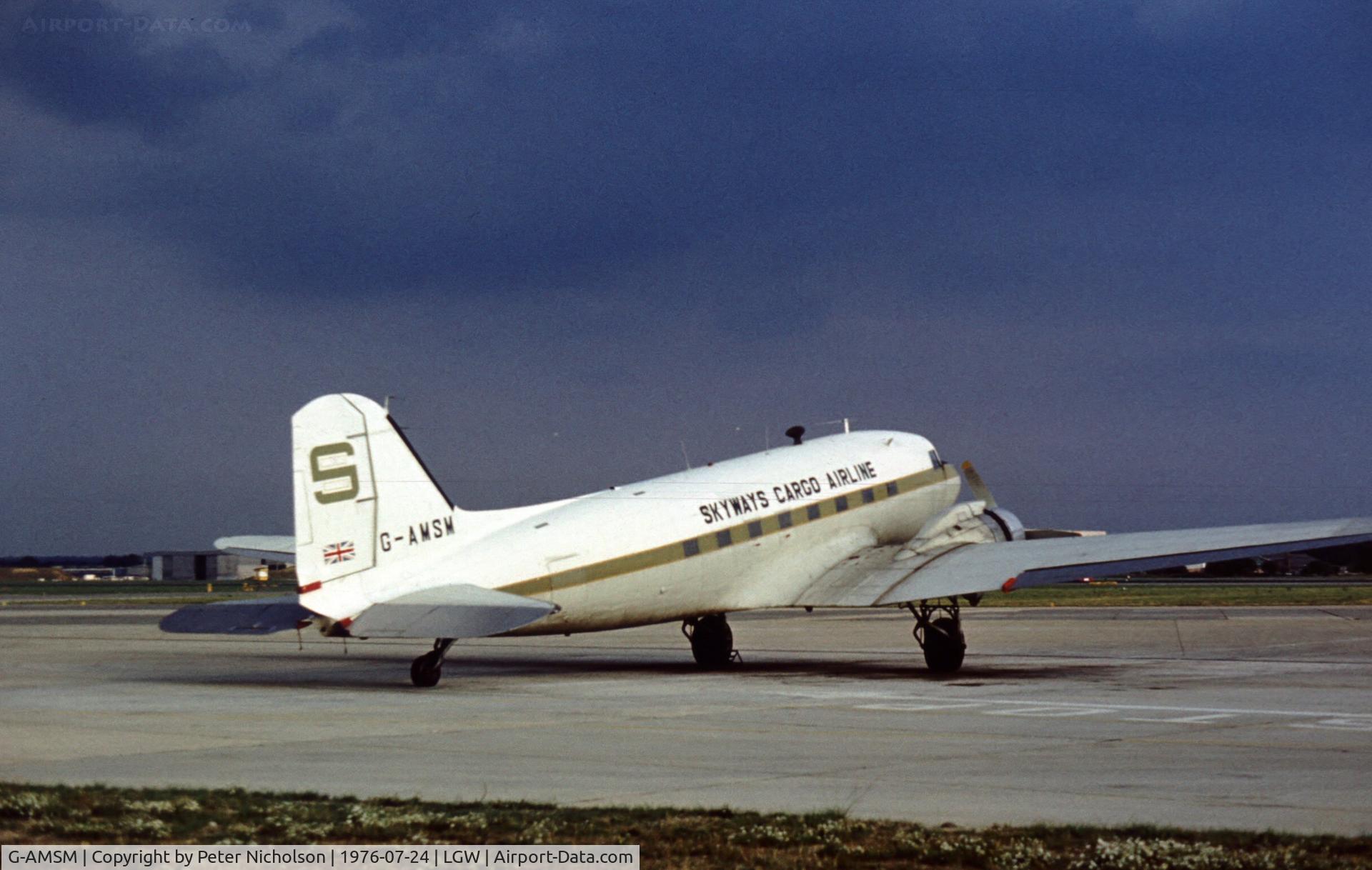 G-AMSM, 1944 Douglas C-47 Dakota 4 C/N 27209, Dakota 4 of Skyways Cargo at London Gatwick in the Summer of 1976.