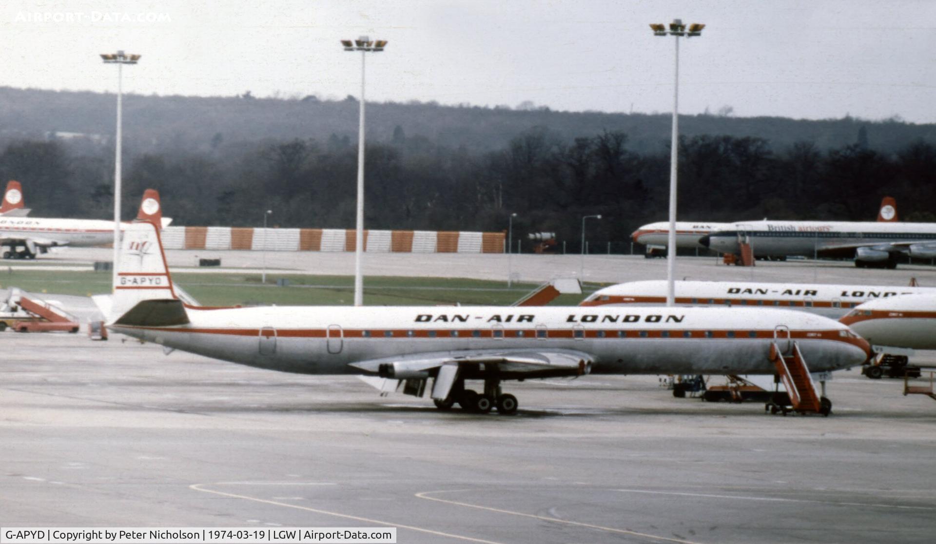 G-APYD, 1960 De Havilland DH.106 Comet 4B C/N 6438, Comet 4B of Dan-Air at London Gatwick in the Spring of 1974.