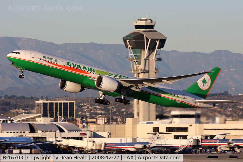 B-16703, 2006 Boeing 777-35E/ER C/N 32643, Eva Air B-16703 in the '777-ER' scheme (FLT EVA11) climbing out from RWY 25R enroute to Taipei Chiang Kai Shek Int'l (RCTP) on a clear day in Los Angeles.