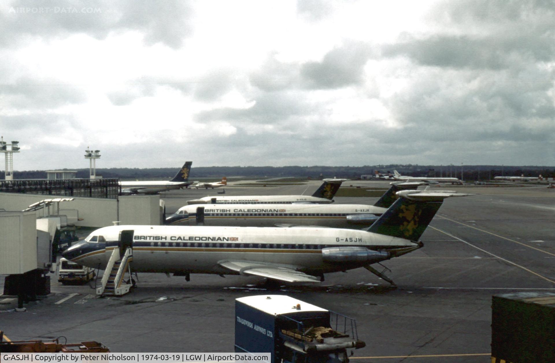 G-ASJH, 1965 BAC 111-201AC One-Eleven C/N BAC.012, One Eleven of British Caledonian Airlines at London Gatwick in the Spring of 1974.