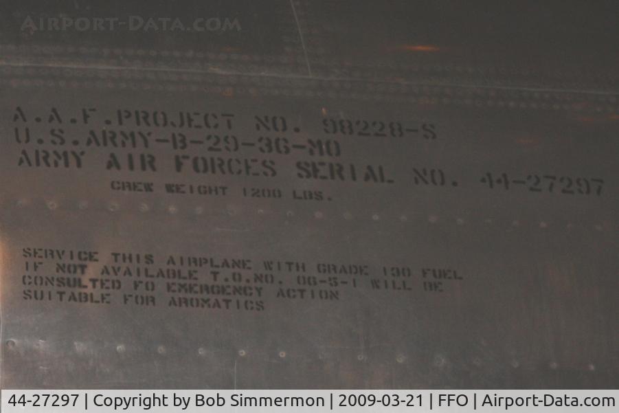 44-27297, 1944 Boeing B-29 Superfortress C/N 3615, 1944 Martin-Omaha B29 built at a cost of $639,000 on display at the USAF Museum in Dayton, Ohio.
