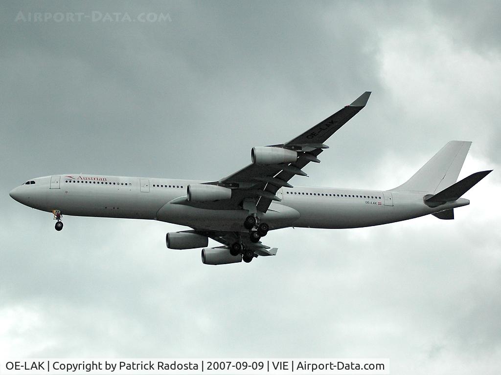 OE-LAK, 1997 Airbus A340-313 C/N 169, September 2007 - the Austrian A 340 are to be sold or leased an this plane is flying in white c/s only with Austrian titles