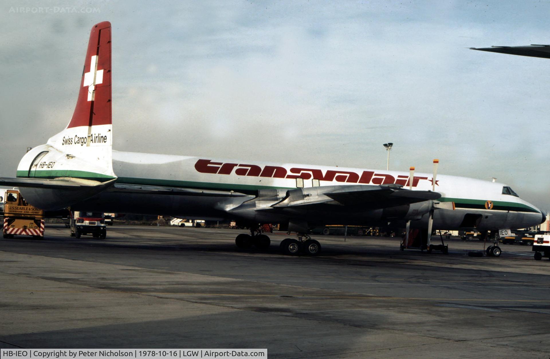 HB-IEO, 1965 Canadair CL-44D4-1 C/N 32, CL-44 of Swiss cargo airline Transvalair at London Gatwick in the Autumn of 1978.