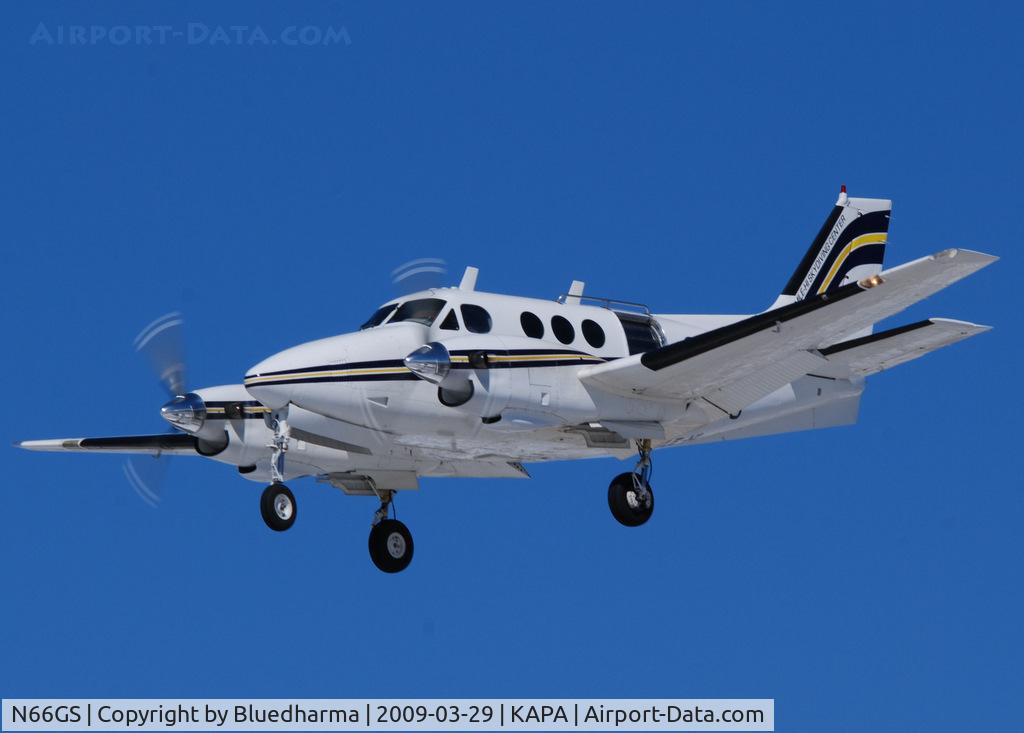 N66GS, 1967 Beech 65-A90 C/N LJ-237, Mile High Skydiving. On final approach to 17L.
