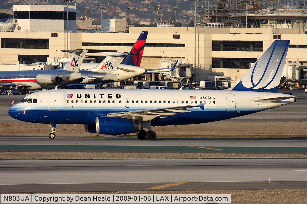 N803UA, 1997 Airbus A319-131 C/N 748, United Airlines N803UA (FLT UAL255) holding short of RWY 25R after arrival on RWY 25L from Denver Int'l (KDEN).
