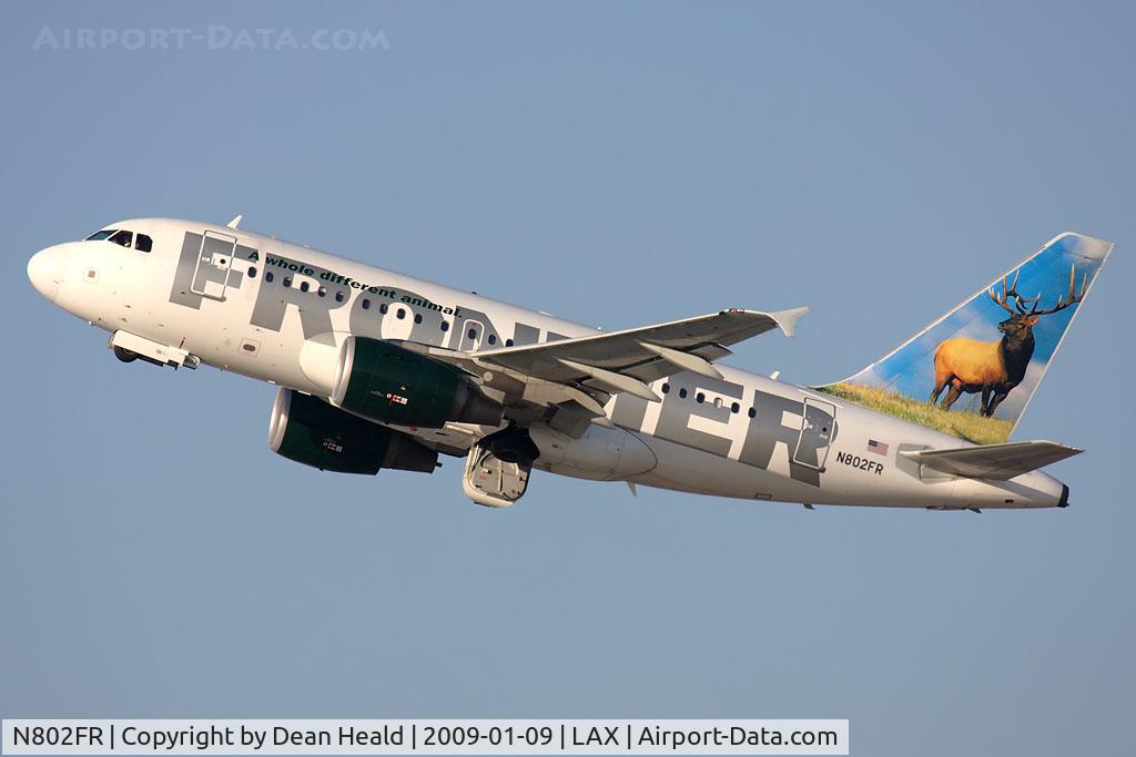 N802FR, 2003 Airbus A318-111 C/N 1991, The elk 'Montana' is always looking where he's going. At the moment, he is making sure that the gear doors close while his flight climbs out from RWY 25R enroute to Denver Int' (KDEN) as FLT FFT414.