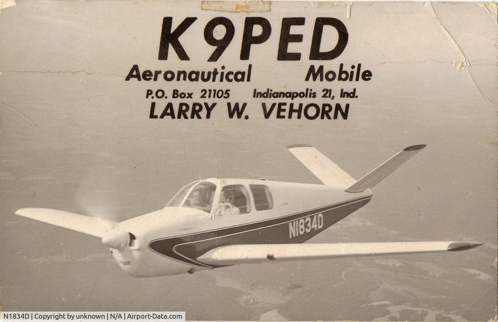 N1834D, 1952 Beech C35 Bonanza C/N D-3101, N1834D on a Ham Radio Operators QSL card.